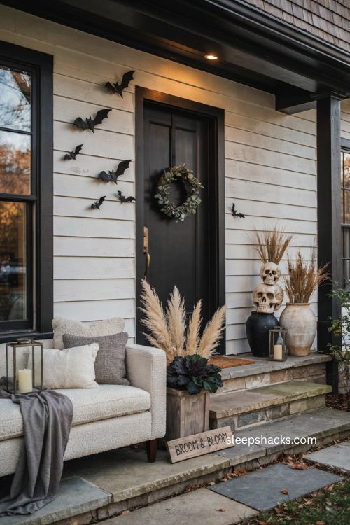 Black and white monochrome porch with bats skulls and cozy Halloween decor