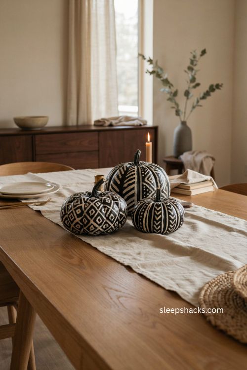 Black and white mudcloth inspired painted pumpkins for a modern halloween table 