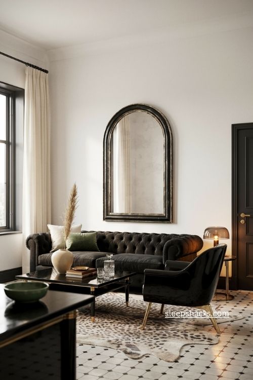 Black and white old hollywood glam living room with velvet furniture and jade accents 