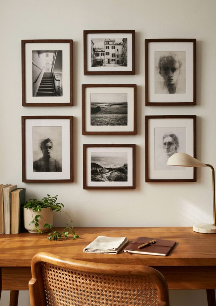 Black and white photography gallery wall with matching frames in home office