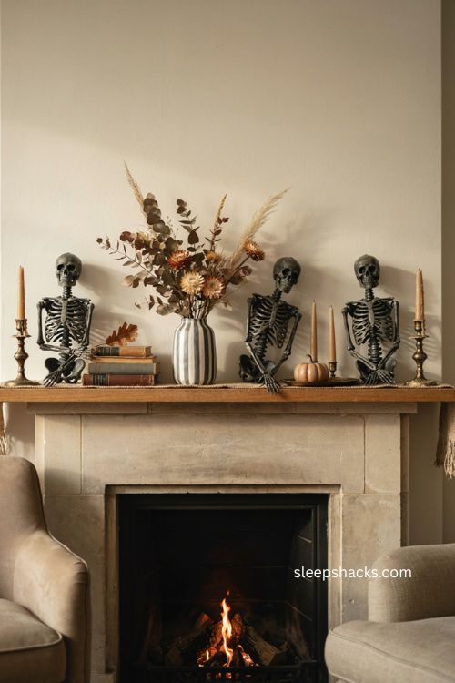 Black and white skeleton trio with muted fall florals Halloween mantel decor