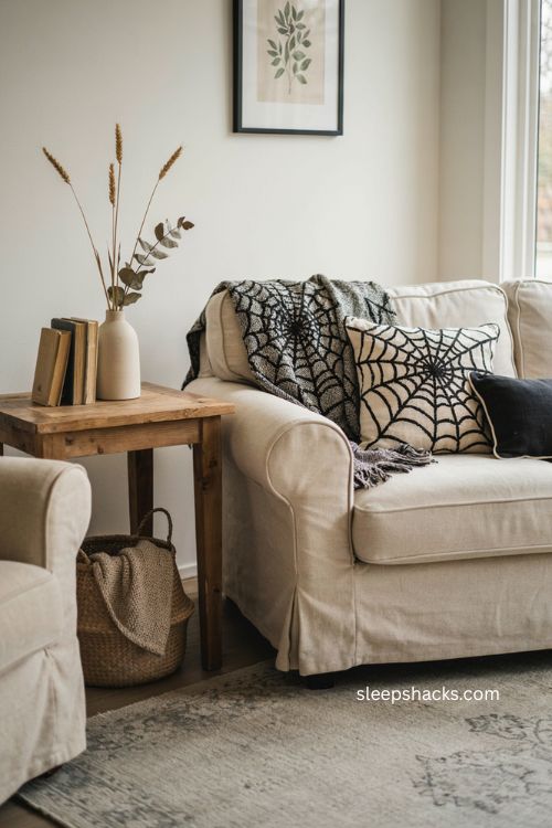 Black and white spiderweb throw with coordinating Halloween pillows