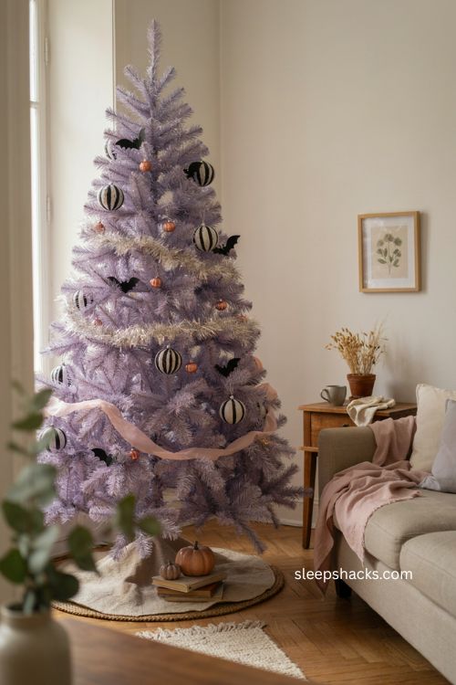 Black and white striped pumpkin ornaments on a pastel pink halloween tree 