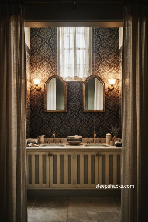Black bathroom with gauzy drapery damask tile and Venetian mirrors