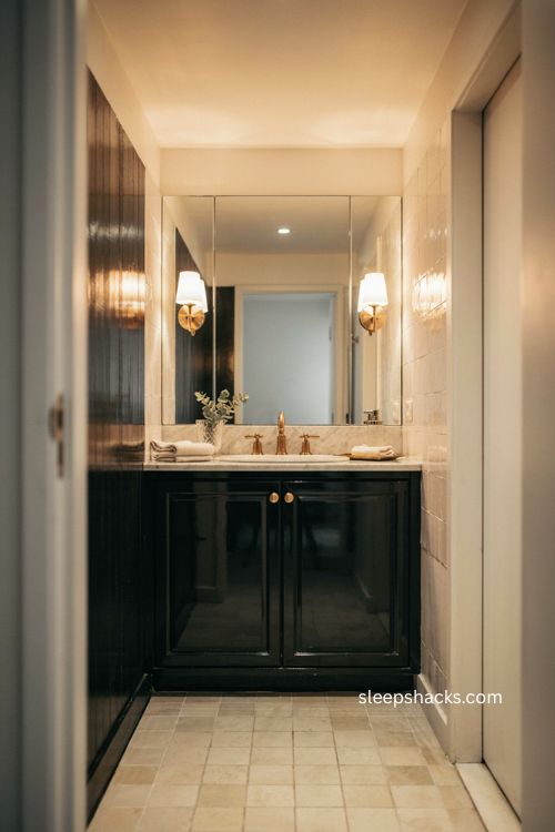 Black bathroom with glossy surfaces reflective vanity classic fixtures and mirror