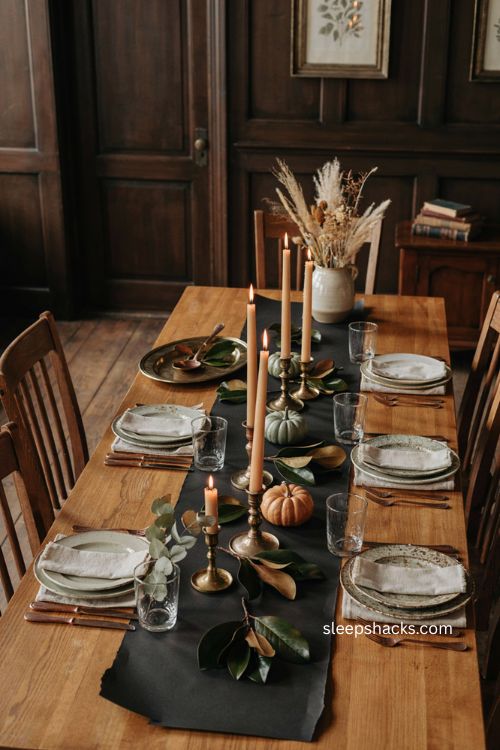 Black butcher paper Thanksgiving tablescape with magnolia leaves brass candlesticks copper flatware and rustic fall decor