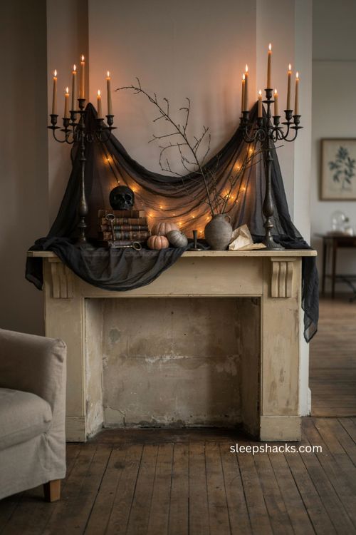 Black candelabra Halloween fireplace mantel with cheesecloth orange lights and spooky decor