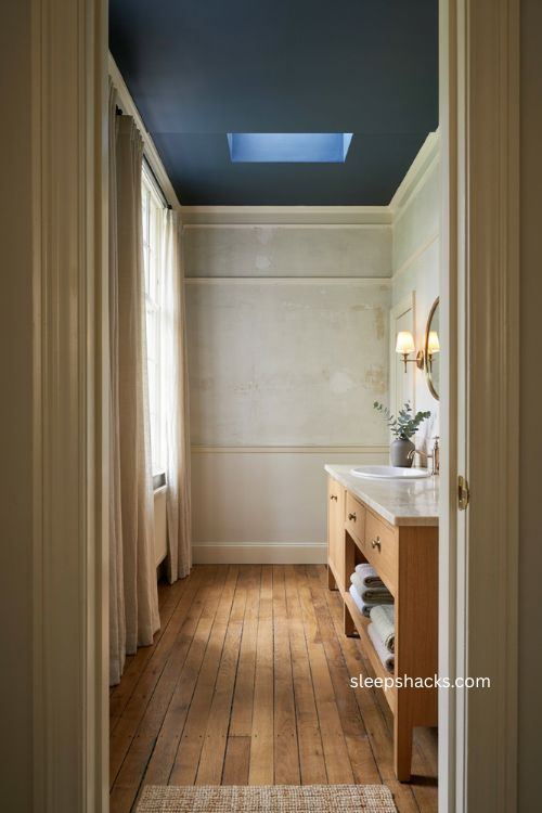 Black ceiling bathroom with blue undertones skylight and light walls