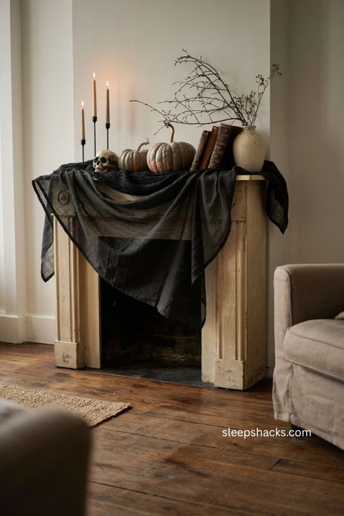 Black cheesecloth layered mantel Halloween fireplace decor with vintage textures and candles