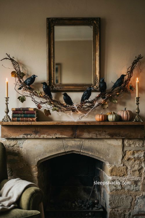 Black crow mantle decor ideas with branches for a cozy spooky Halloween