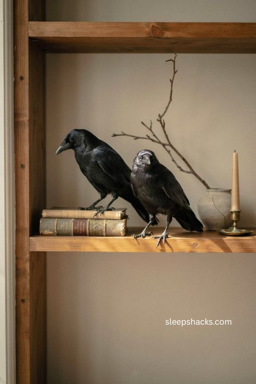 Black crows perched on bookshelf for minimalist Halloween decor