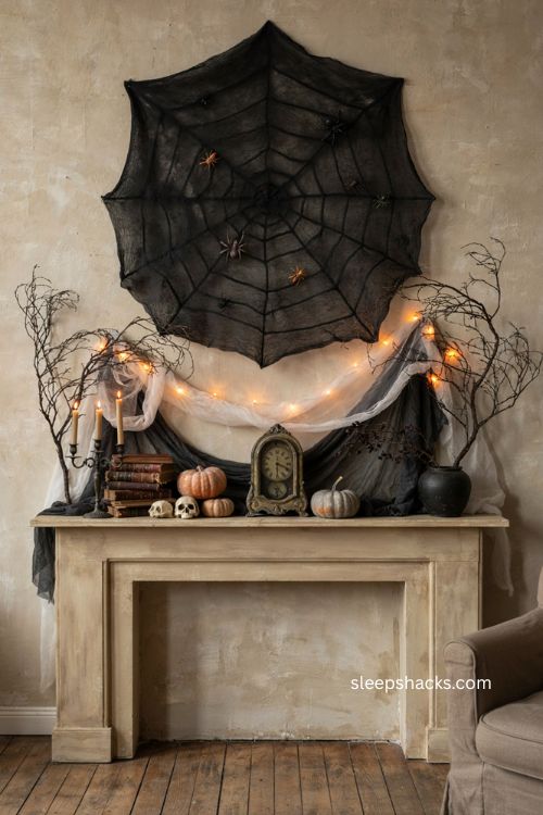 Black felt spiderweb Halloween fireplace mantel with orange lights spiders candelabras and branches
