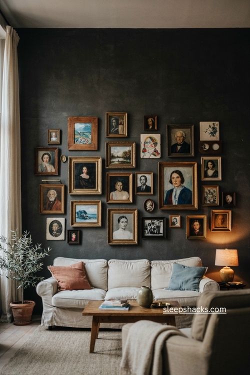 Black gallery wall living room with vintage art mixed frames colorful accents and cozy decor 