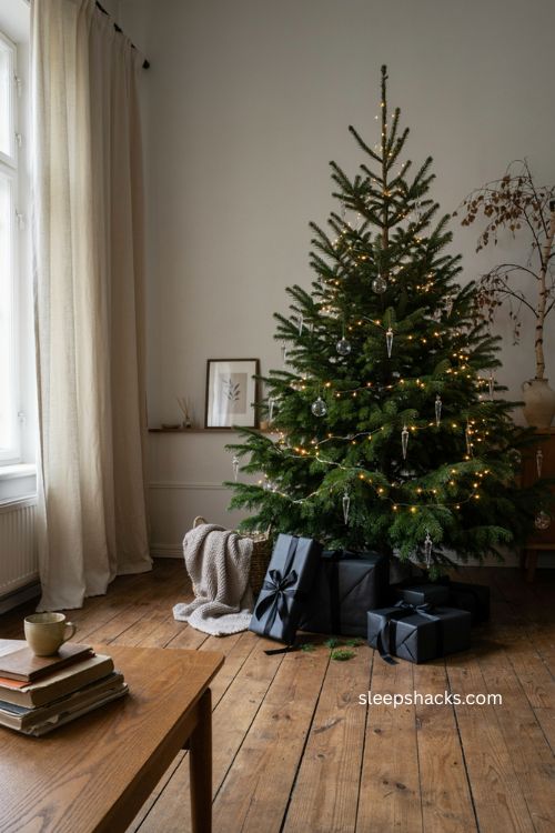 Black gift wrap with clear icicle Christmas tree decor 