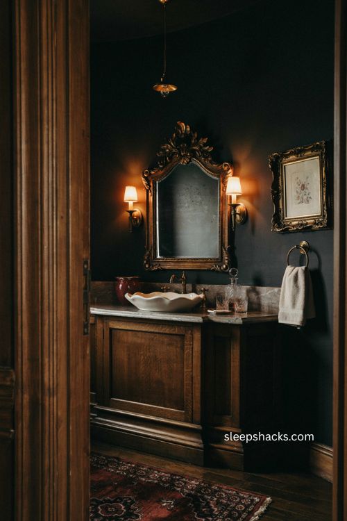 Black gothic bathroom with ornate mirror crystal accents and dark wood vanity