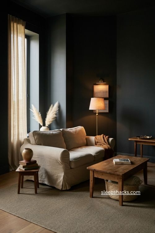 Black living room decor with warm wood brass accents and cozy layered textures 