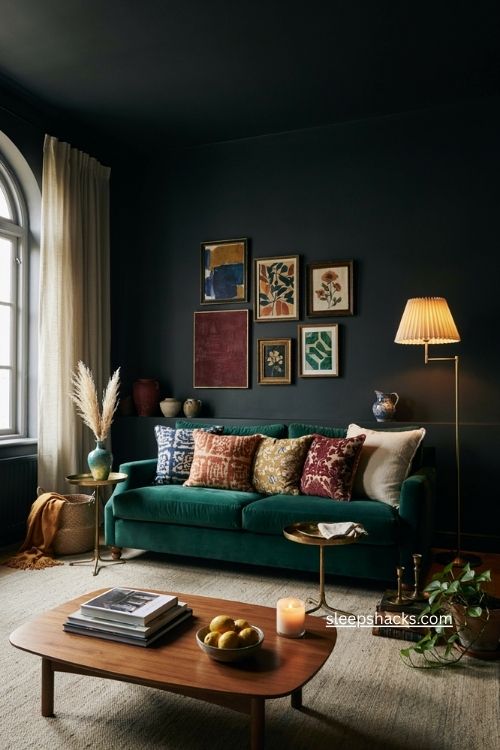 Black living room with bold color accents jewel tone upholstery colorful art and brass decor 
