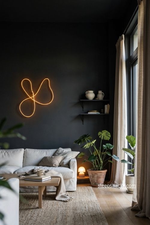 Black living room with warm neon accent white furniture and large floor plants 