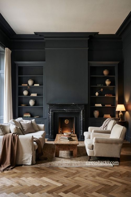 Black marble fireplace living room with dark walls oak herringbone floors and classic molding 