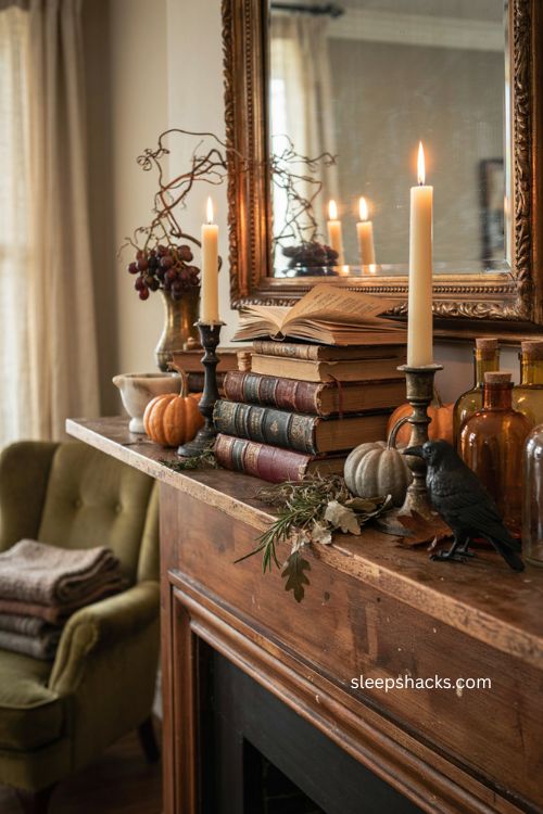 Shot type — straight-on eye-level editorial interior photograph of a fireplace mantle, framed wide enough to show the full mantle, fireplace surround, hearth, and surrounding living room, with warm fairy lights visibly woven through the branches as the central visual feature Room description — a cozy traditional living room decorated for Halloween, with a mostly black-and-white mantle softened by a long strand of warm white fairy lights winding naturally through tangled grapevine branches, creating a display that feels atmospheric and magical without becoming overly dark or theatrical Style and era — vintage cottage interior with rustic gothic Halloween character, old-world traditional architecture, timeless collected decorating, nostalgic seasonal styling with subtle enchanted woodland influence Color palette — warm ivory, aged cream, charcoal black, weathered brown, muted gray, dusty beige, antique brass, and restrained faded pumpkin orange, illuminated by a gentle warm-white glow Key props and details — a long strand of tiny warm white fairy lights carefully woven through twisted grapevine branches, individual bulbs clearly visible and evenly distributed without appearing artificial, tangled bark-covered branches with a few dried leaves, weathered white pumpkins, matte-black pumpkins, antique black candlesticks, cream taper candles, worn vintage books, small black crow figurines, delicate spiderweb strands, an ornate aged mirror, tarnished brass accents, distressed wood, chipped ceramics, natural asymmetry, varied object heights, and subtle imperfections that make the arrangement feel collected over time Lighting — soft natural late-afternoon window light balanced with the gentle warm glow of the fairy lights, subtle candlelight adding additional warmth, realistic shadows beneath the branches and objects, enough ambient illumination to keep every corner and surface sharply visible while allowing the lights to create a magical evening feeling Mood and atmosphere — soft colors that change the mood instantly, old textures that add warmth and depth, simple glowing details that create lasting charm, cozy, nostalgic, quietly spooky, peaceful, intimate, and magical, showing how warm fairy lights can soften a dark Halloween mantle and make the same space feel enchanting as evening arrives Technical tail — no people, no text, no watermarks, no blur, no bokeh, all surfaces in sharp focus, photorealistic, 4K resolution, editorial interior photography, Pinterest-worthy 