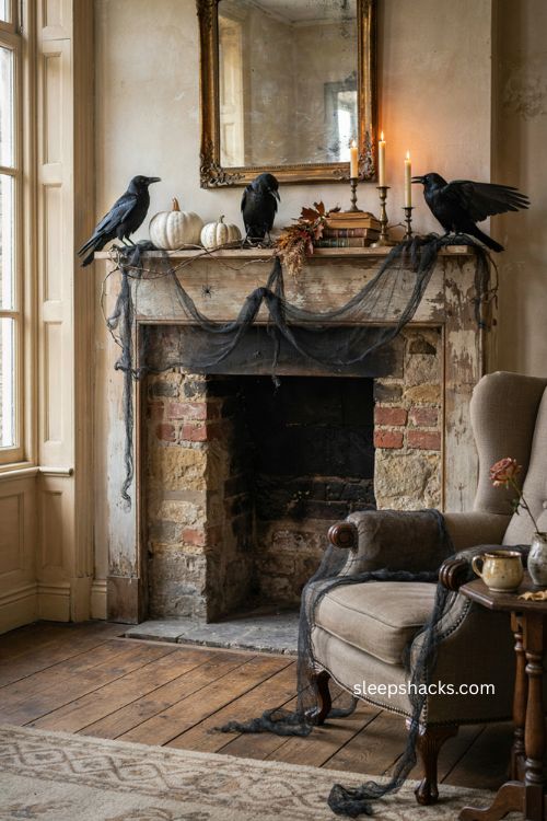 Black netting mantle decor ideas for instant dramatic Halloween style 