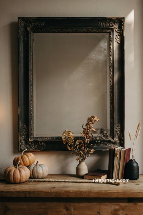 Black painted Halloween mirror frame with antique dry brushed finish and vintage hallway decor