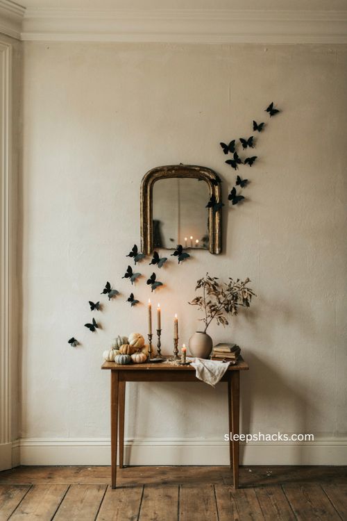 Black paper butterfly Halloween entry table with antique mirror candlesticks and muted gourds