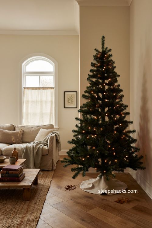 Black pre lit halloween tree with warm orange lights in a cozy living room 