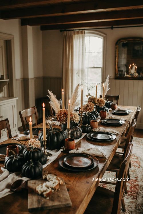 Black pumpkin Thanksgiving table centerpiece with candles and autumn decor 
