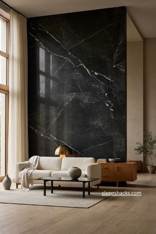 Black quartz feature wall living room with white veining low profile furniture and statement lighting 