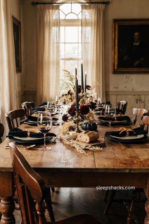 Black smoked wine glasses with red wine on a dramatic Thanksgiving table 