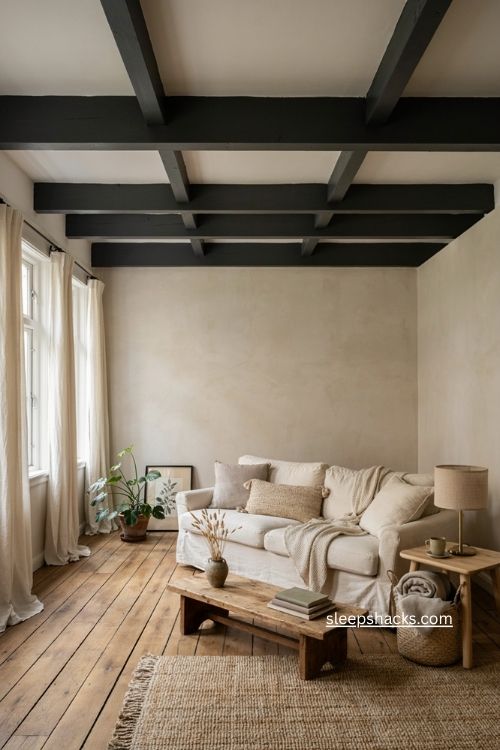 Black statement ceiling with exposed beams in a warm farmhouse living room with neutral decor 