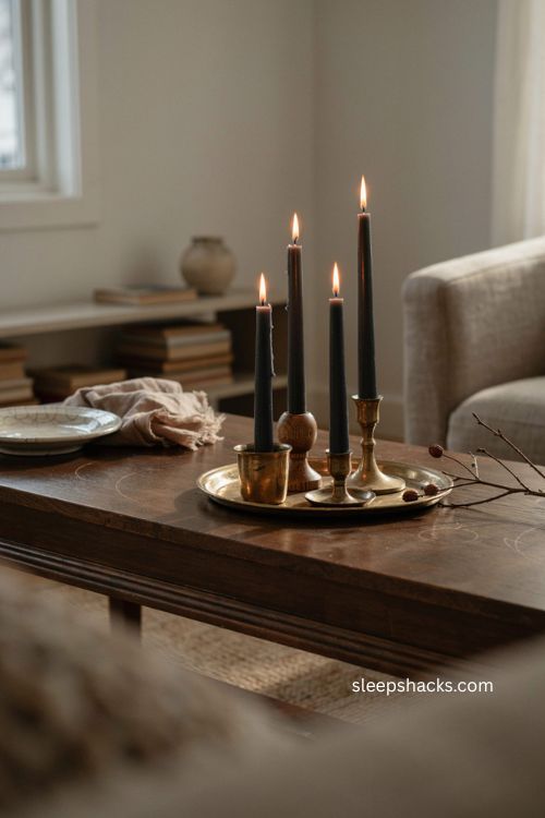 Black taper candles in mismatched brass holders for minimalist Halloween decor