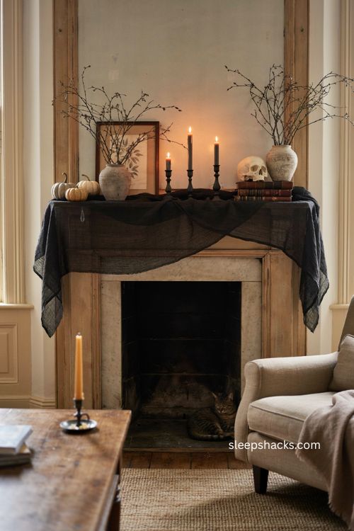 Black textured mantel scarf Halloween fireplace decor with candles and vintage accents