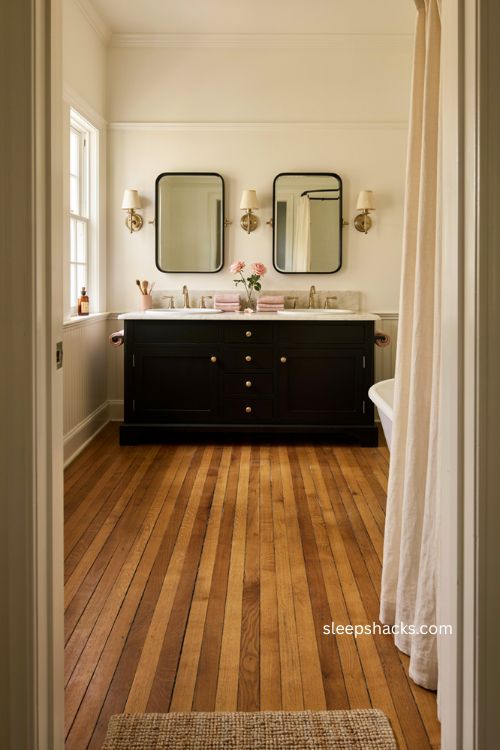 Black traditional bathroom with double vanity light walls and pink accents