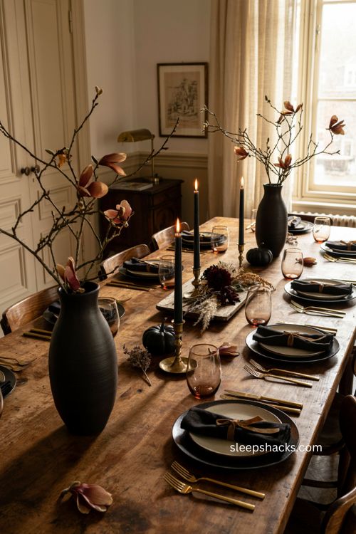 Black vases with bare branches on a dramatic Thanksgiving dining table 