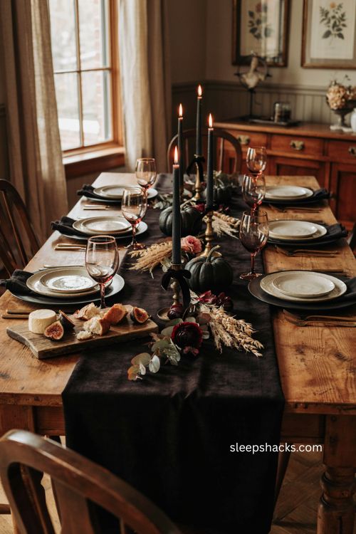 Black velvet Thanksgiving table runner with gold candles cream plates and autumn decor 