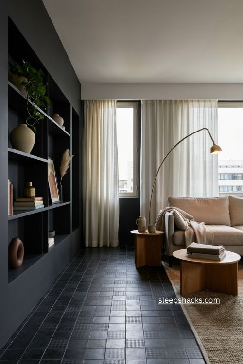 Black walls and flooring living room with dark patterned tiles light furniture and modern condo decor 