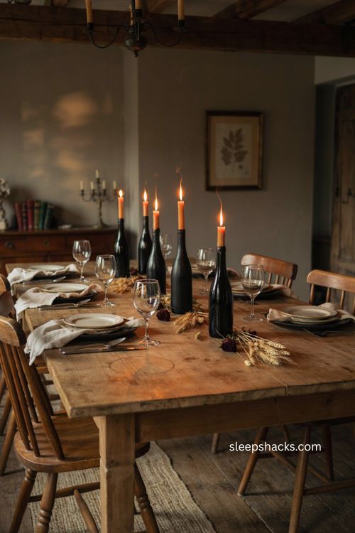 Black wine bottle candle holders with orange taper candles for an elegant halloween table 