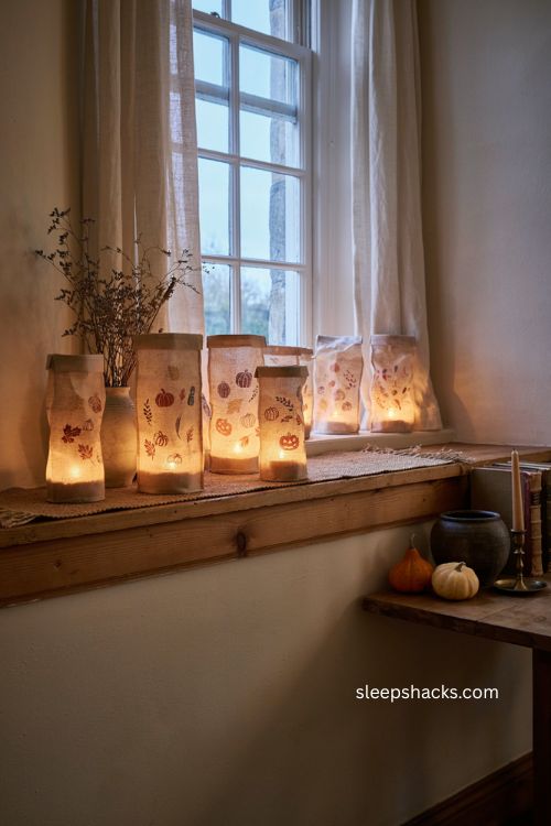 Block printed Halloween luminaries with glowing paper bags and cozy fall decor 