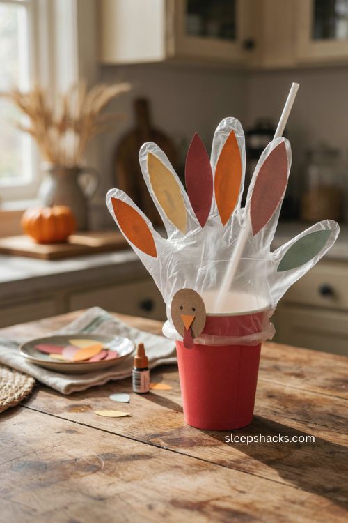 Blow up turkey glove Thanksgiving craft with paper feathers for babies 