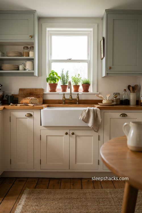 Bloxburg farmhouse kitchen sink with window and cozy cottage decor