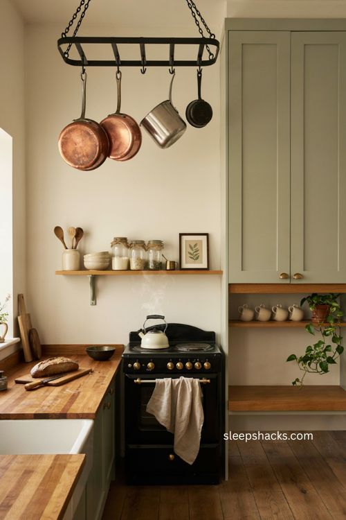 Bloxburg kitchen hanging pot rack ideas with rustic wall storage