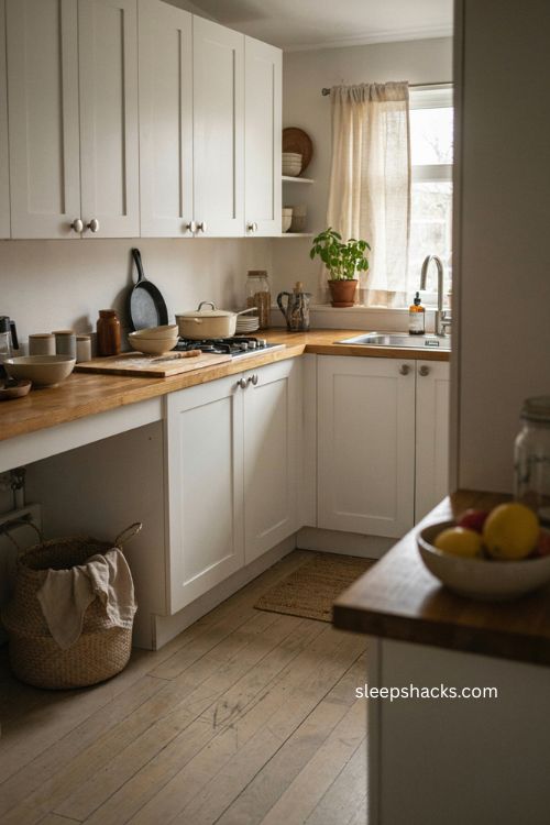 Bloxburg kitchen with white cabinets and warm wood countertops 