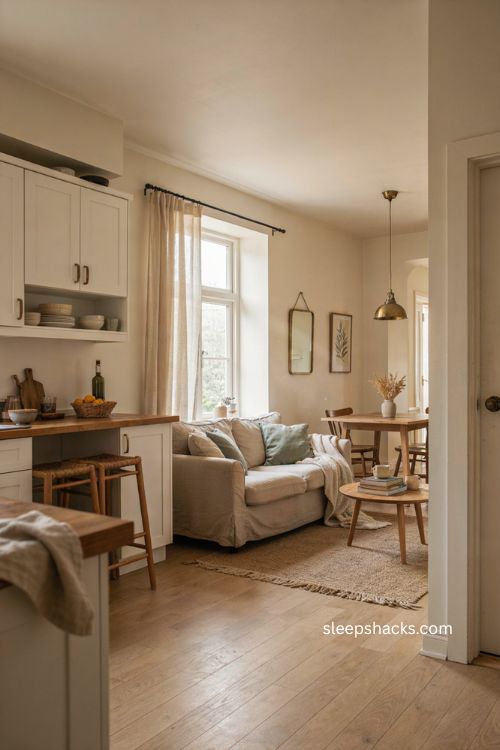 Bloxburg open concept kitchen and living room with cohesive decor