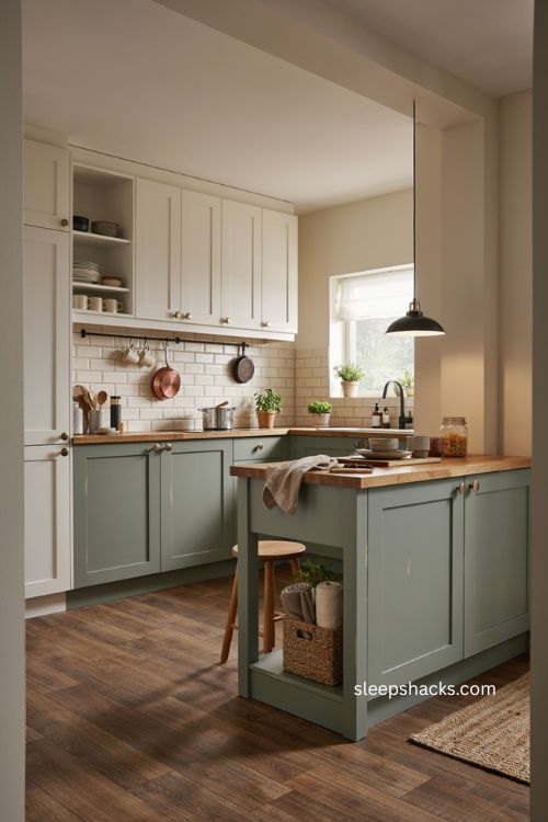 Bloxburg two tone kitchen cabinets with white and sage green
