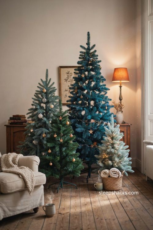 Blue Christmas tree display with icy cerulean trees warm gold ornaments and orange lamp