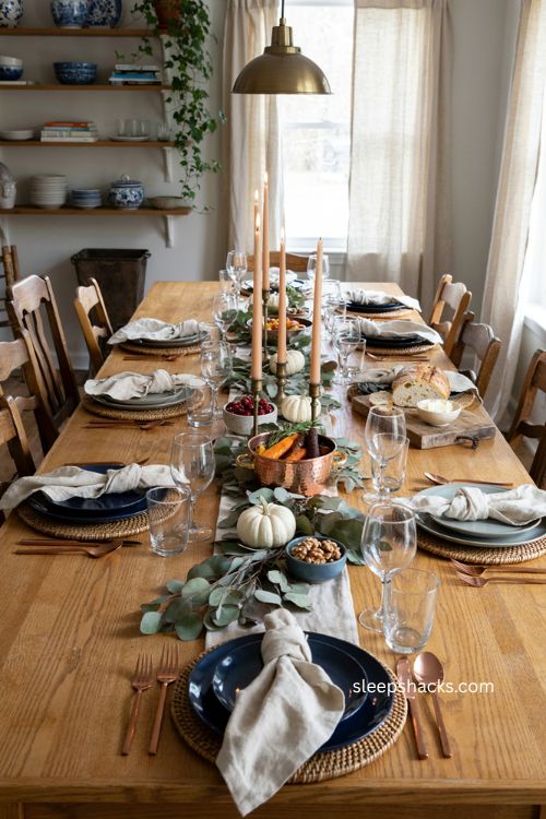 Blue Thanksgiving table decor with copper accents and white dishes