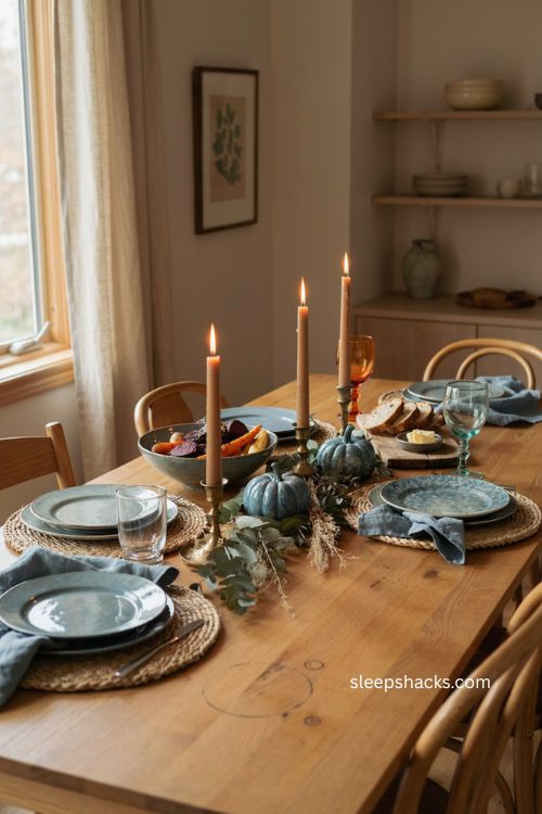 Blue Thanksgiving table decor with natural wood wicker and dried greenery