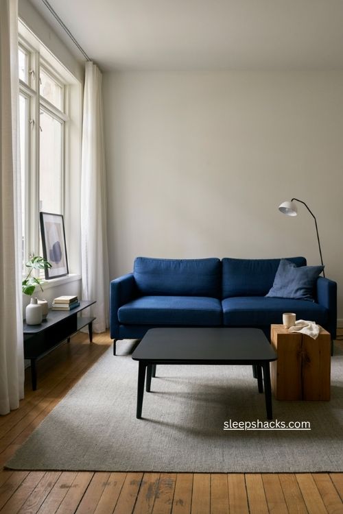Wide-angle upward-angled interior photograph showing a spacious living room with a high vaulted ceiling painted in a rich blue shade, creating unexpected dimension and a cohesive architectural focal point while keeping the room grounded and airy, timeless transitional style with subtle modern cottage character, palette of deep muted blue, soft powder blue, warm white, creamy ivory, pale natural oak, and gentle beige, expansive blue ceiling featuring a very subtle hand-painted abstract tonal pattern that adds movement without overwhelming the architecture, simple neutral linen sofa, light textured area rug, understated oak coffee table, woven basket, ceramic lamp, minimal blue and cream cushions, a few naturally collected vintage accessories and softly worn wood details, soft natural daylight filling the room from tall windows and illuminating the vaulted architecture evenly while gentle ambient light keeps the deeper ceiling shade warm rather than heavy, soft colors that change the mood instantly, old textures that add warmth and depth, simple details that create lasting charm, peaceful dimensional atmosphere with the ceiling becoming the unexpected star while the neutral furnishings create a calm visual foundation, no people, no text, no watermarks, no blur, no bokeh, all surfaces in sharp focus, photorealistic, 4K resolution, editorial interior photography, Pinterest-worthy 